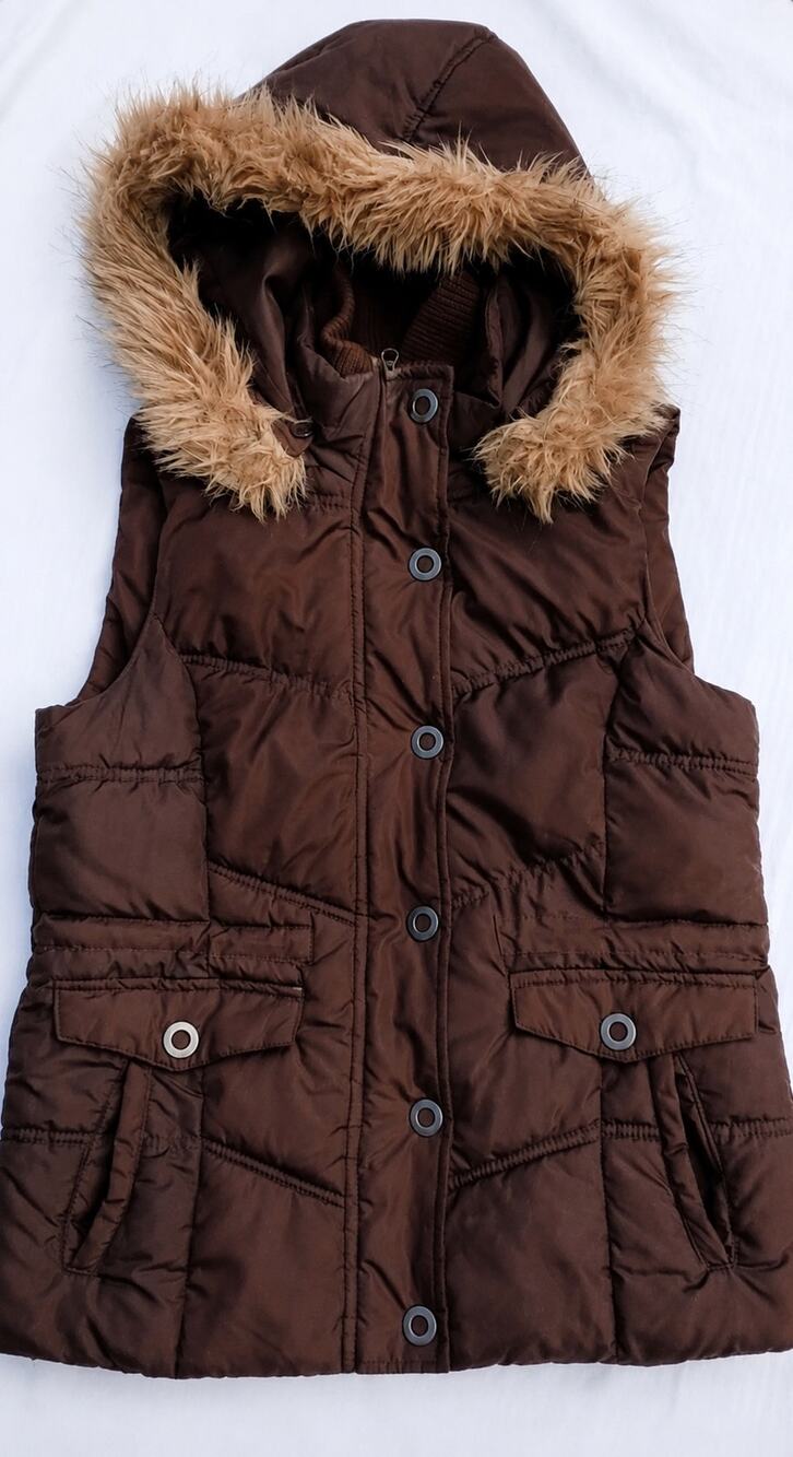 Faded Glory Womens M 8/10 Brown Puffer Vest Removable Faux Fur Hood Y2K